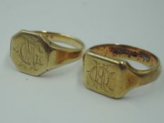 Two gent's 9ct gold signet rings, both bearing monograms, approx 11.8g & size S