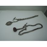 Two HM silver watch chains having barrel and medallion fobs, approx 76g