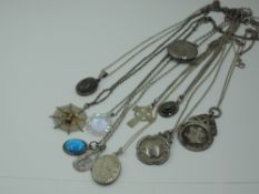 A selection of HM silver and white metal pendants stamped 925/sterling including agate, lockets,
