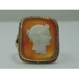 A lady's dress ring having a cameo plaque on orange agate, in a square yellow metal mount on