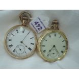 Two gold plated top wound pocket watches by Waltham nos: 8929643 & 14808988, both having Roman