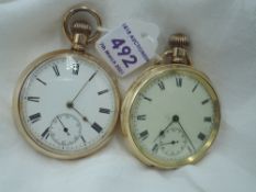 Two gold plated top wound pocket watches by Waltham nos: 8929643 & 14808988, both having Roman