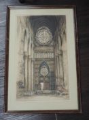 An etching, after Henri Rankin, Cathedral, indistinctly signed, 53 x 32cm, plus frame and glazed