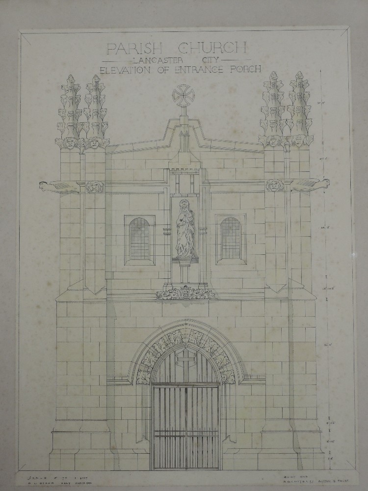 A pen and ink sketch, after A L Byrom, Paley and Austin, architect plans, Parish Church of Lancaster