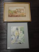 A watercolour, T B Adam, harbour scene, signed, 26 x 37cm, and a watercolour, E Leighton, Ireby