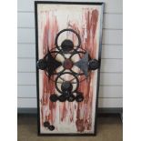 A wall hanging picture, oil painting and stylised metal relief, indistinctly signed, 92 x 42cm