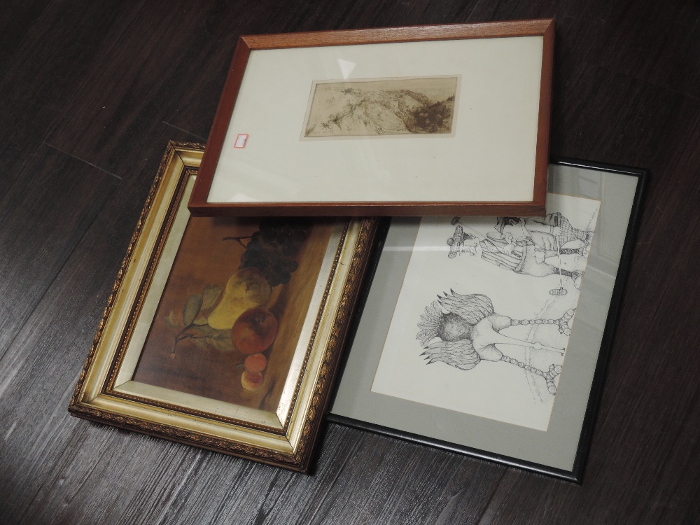 An etching, after Edgar Chaline, La Vallee fertile, attributed verso, 10 x 20cm, plus frame and