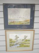 A watercolour, Jean Fletcher, Silver Birches and Mist, signed and attributed verso, 25 x 35cm,