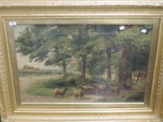 An oil painting, R Bevis, Shepherd and flock, with woodland country cottage, 50 x 74cm, plus frame