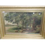 An oil painting, R Bevis, Shepherd and flock, with woodland country cottage, 50 x 74cm, plus frame