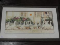 A fabric print, after Davina Barton, Geese, (19)83, 30 x 10cm, plus frame and glazed