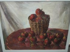 An oil painting, attributed to Vassilii Mikhailovich Novozhilov, still life with a basket of