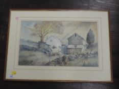 A watercolour, Alan Collister, Building on Kirkby Moor, signed and attributed verso, 27 x 46cm, plus