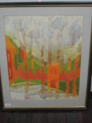 A watercolour, Derek Dalton, stylised trees, signed and dated (19)67, 55 x 45cm, plus frame and