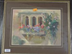 A pastel sketch, Brenda Inston, Window box, signed and attributed verso, 22 x 30cm, plus frame and