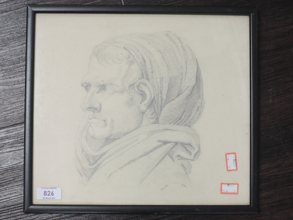 A pencil sketch, portrait study, indistinctly attributed and initialled, 28 x 31cm, plus frame and