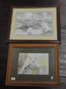 A watercolour, K Scally, parakeets, signed, 20 x 29cm, plus frame and glazed, and a print after