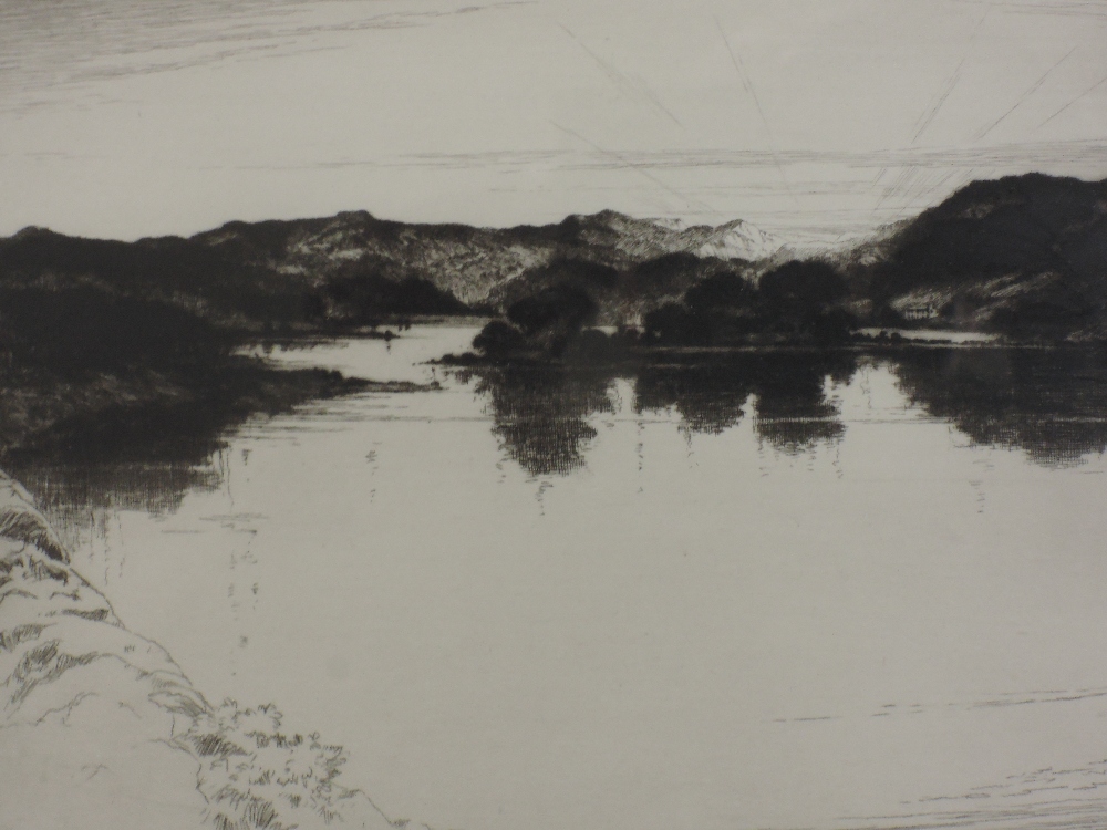 An etching, after Albany Howarth, Sunset on Windermere, signed, 16 x 20cm, plus frame and glazed - Image 2 of 2