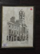 A print, after Alfred Wainwright, The Town Hall Kendal, signed, 23 x 18cm, plus frame and glazed