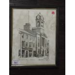 A print, after Alfred Wainwright, The Town Hall Kendal, signed, 23 x 18cm, plus frame and glazed