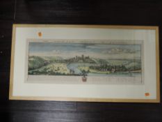 A print, after Buck, The North East Prospect of Lancaster, dated 1728, later coloured, 27 x 72cm,