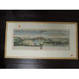 A print, after Buck, The North East Prospect of Lancaster, dated 1728, later coloured, 27 x 72cm,