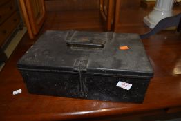 A metal deed chest or storage box
