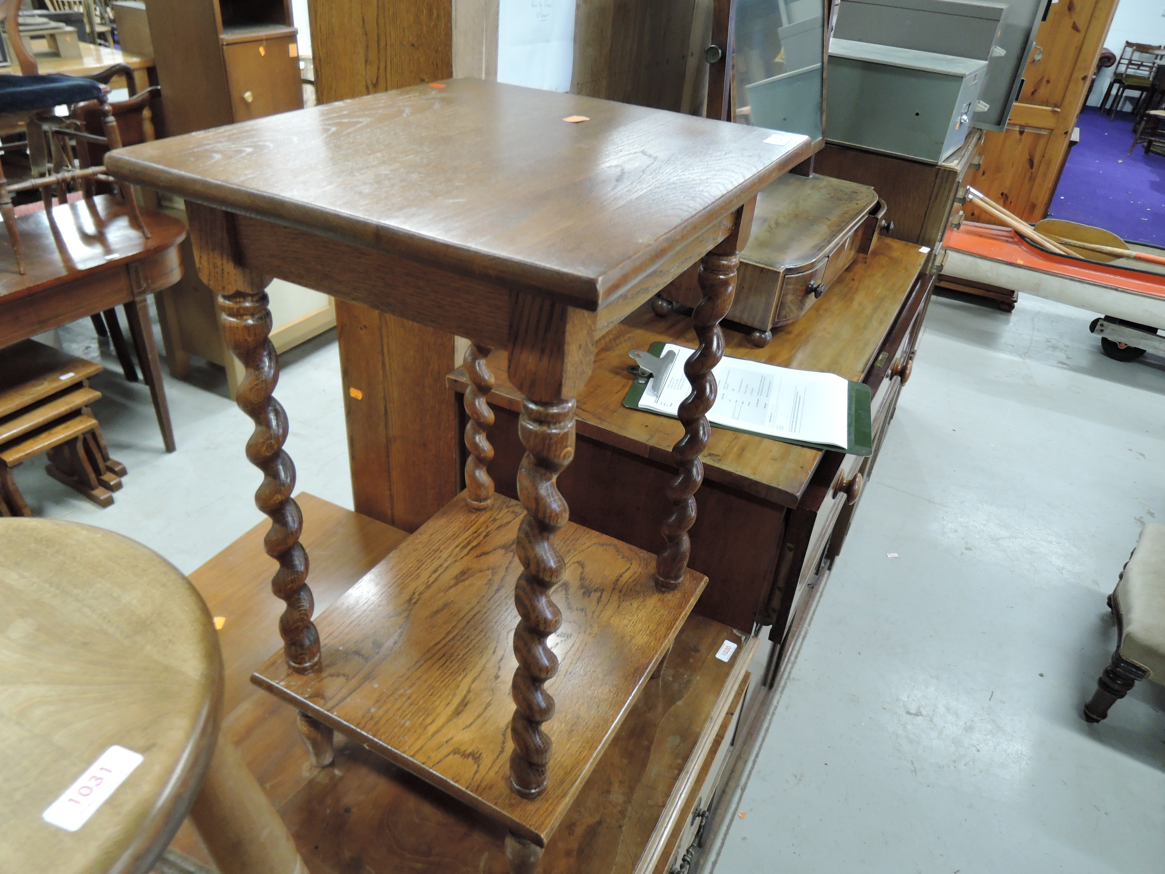 An Edwardian side or hall telephone table having twisted legs with solid oak frame - Image 2 of 2