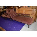A late Victorian or Edwardian chaise longue and two similar chairs, one having arms