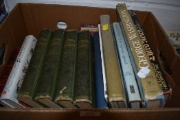 A box of mixed books including vintage dictionary of gardening and history interest.