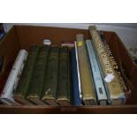 A box of mixed books including vintage dictionary of gardening and history interest.
