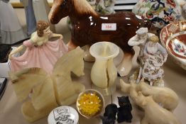 A selection of figures and figurines including shire horse and agate stone bookends