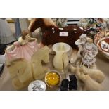 A selection of figures and figurines including shire horse and agate stone bookends