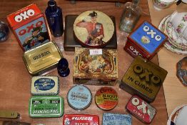 A selection of collectable transfer printed and pressed tins including Halford repair and John