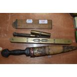 A selection of measuring and marking devices for wood work including Marshall Glasgow level and