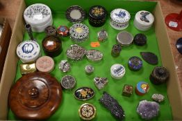 A selection of trinket snuff and similar cases including papier mache and semi precious stones