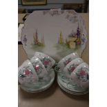 A selection of tea wares by Shelley including cake plate and six tea cups and saucer sets