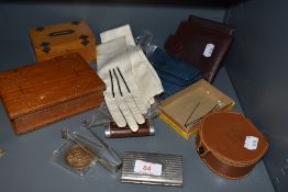 A selection of curios and collectables including money box leather wallet and white ladies glove