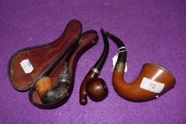 Three interesting tobacco smokers pipes including Bowson whistle style Sherlock and antique all HM