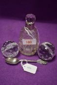 A HM silver scent bottle a similar HM tea spoon and two glass menue holders