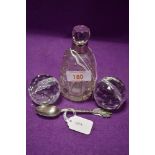 A HM silver scent bottle a similar HM tea spoon and two glass menue holders