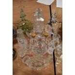 A selection of clear cut and crystal glass wares including Dartington decanter