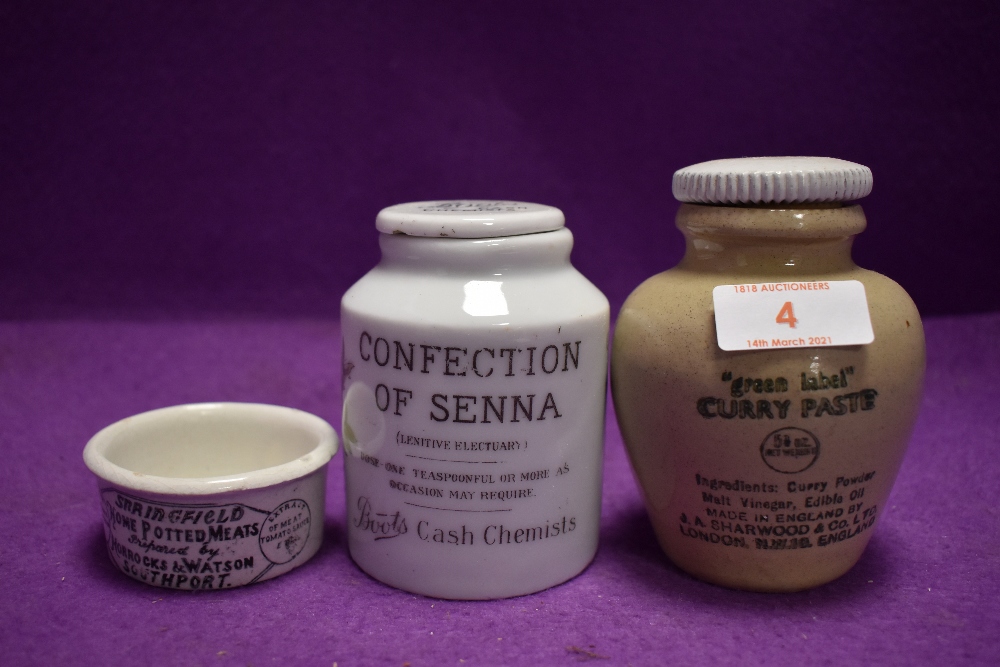 Three early advertising ceramics including Potted Meats Southport , Confection of Sienna , and