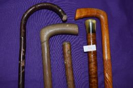 A selection of walking sticks and tiger stripped wood cane also steamed and bent examples