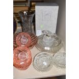 A selection of clear cut and crystal glass wares including boxed Edinburgh vase and pink pressed