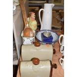 A selection of kitchen wares and ceramics including Cockerel jug fruitbowl and large jug