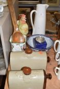 A selection of kitchen wares and ceramics including Cockerel jug fruitbowl and large jug