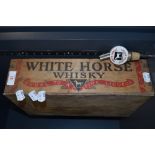 A vintage White Horse Whiskey advertising wooden crate also decanter stop