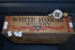 A vintage White Horse Whiskey advertising wooden crate also decanter stop