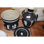 Three pieces of black basalt Jasper ware by Wedgwood including twin handled vase 27cm approx also